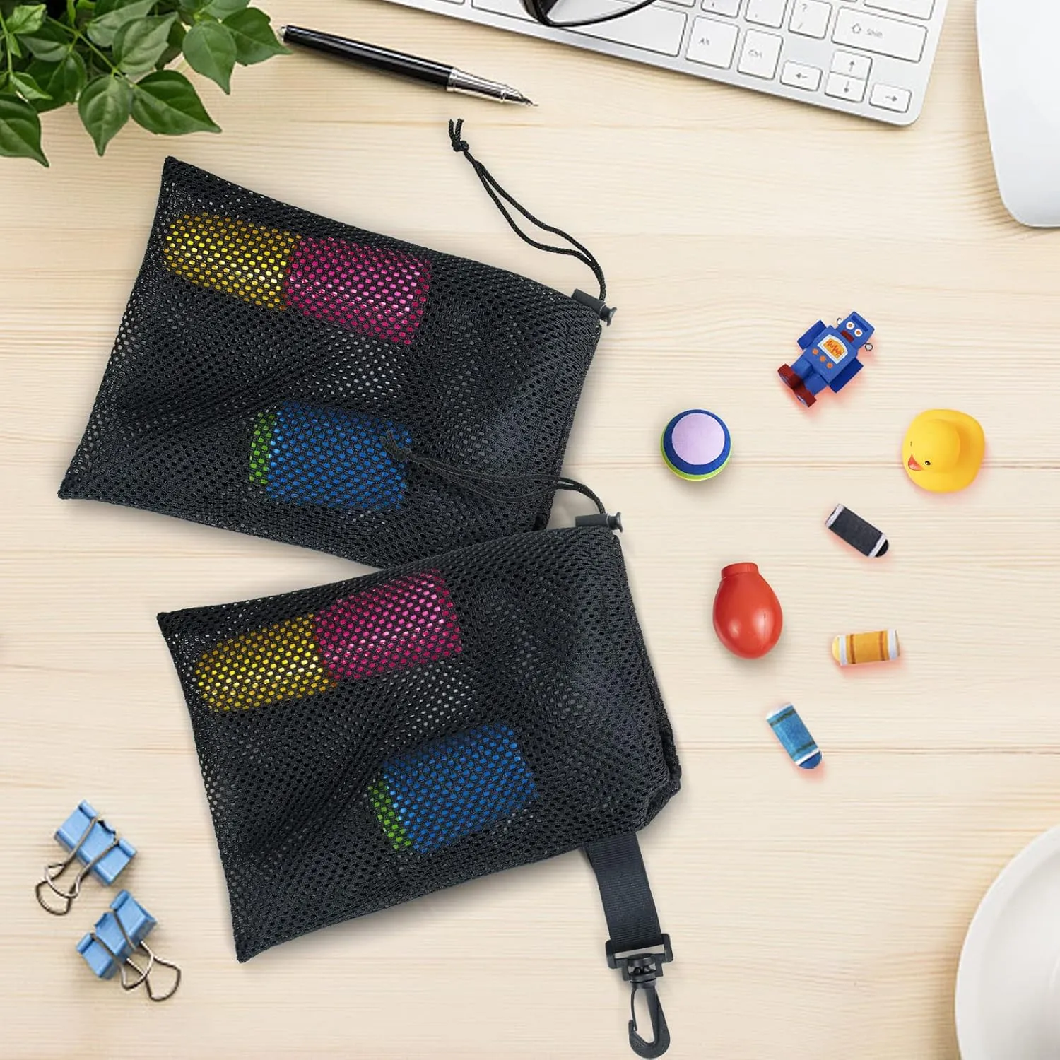 10 PCS With Clips Mesh Drawstring Bags, Portable Nylon Storage Bags for toy,Sports Storage,Outdoor activities etc. (5.9x7.9in)
