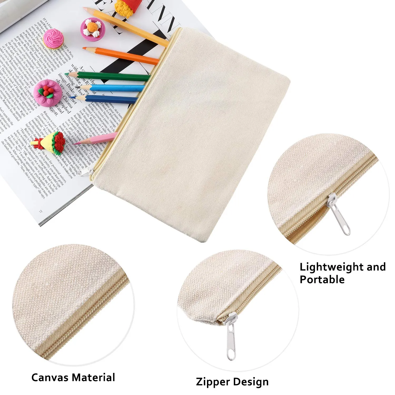 10 Pieces Cosmetic Canvas Pouch Bag Multipurpose Makeup Bag with Zipper Cotton Canvas Travel Toiletry Pouch DIY Craft(S,Beige)