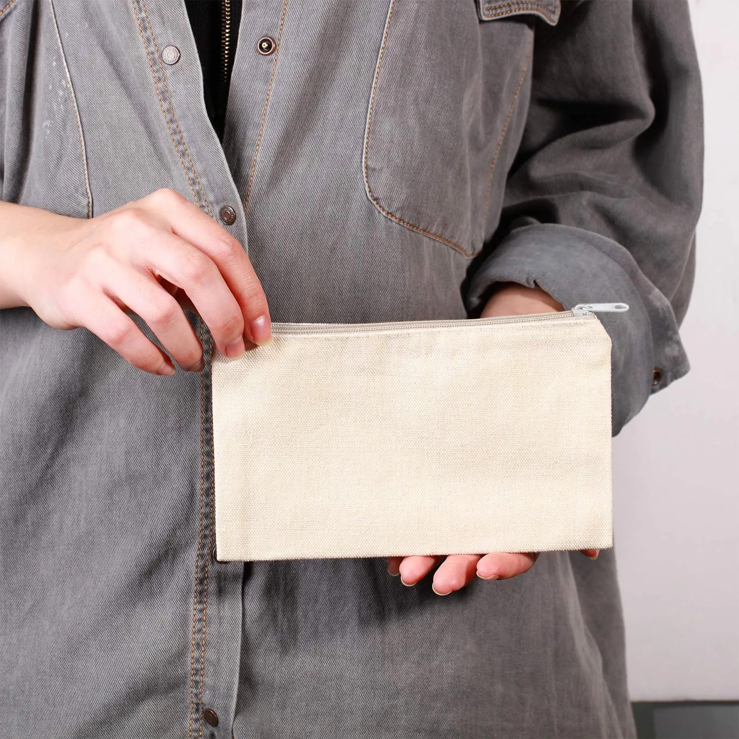 10 Pieces Cosmetic Canvas Pouch Bag Multipurpose Makeup Bag with Zipper Cotton Canvas Travel Toiletry Pouch DIY Craft(S,Beige)