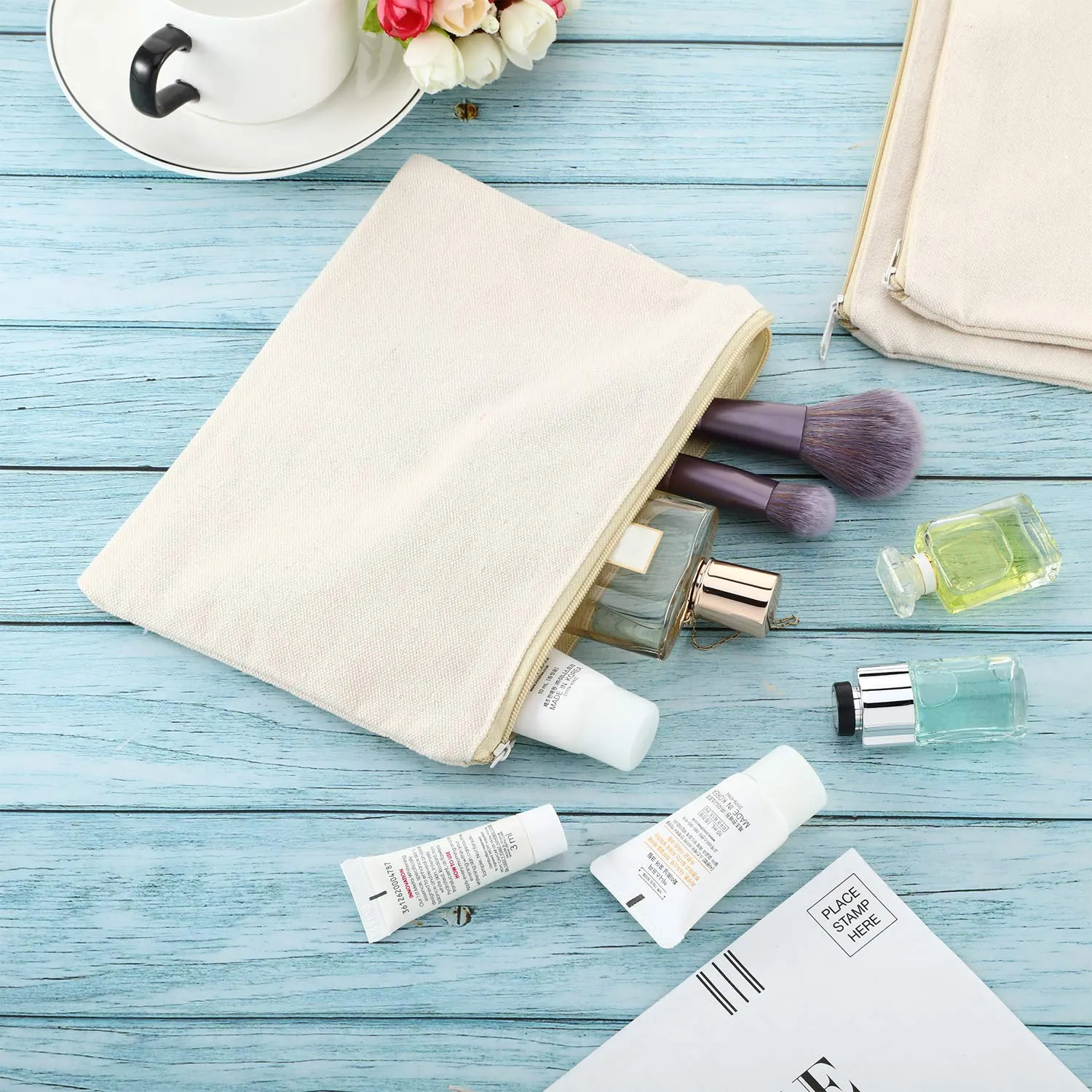 10 Pieces Cosmetic Canvas Pouch Bag Multipurpose Makeup Bag with Zipper Cotton Canvas Travel Toiletry Pouch DIY Craft(S,Beige)