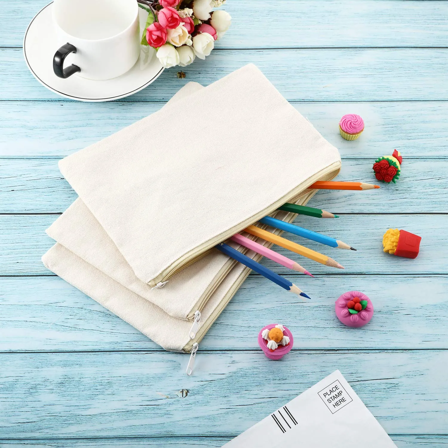 10 Pieces Cosmetic Canvas Pouch Bag Multipurpose Makeup Bag with Zipper Cotton Canvas Travel Toiletry Pouch DIY Craft(S,Beige)