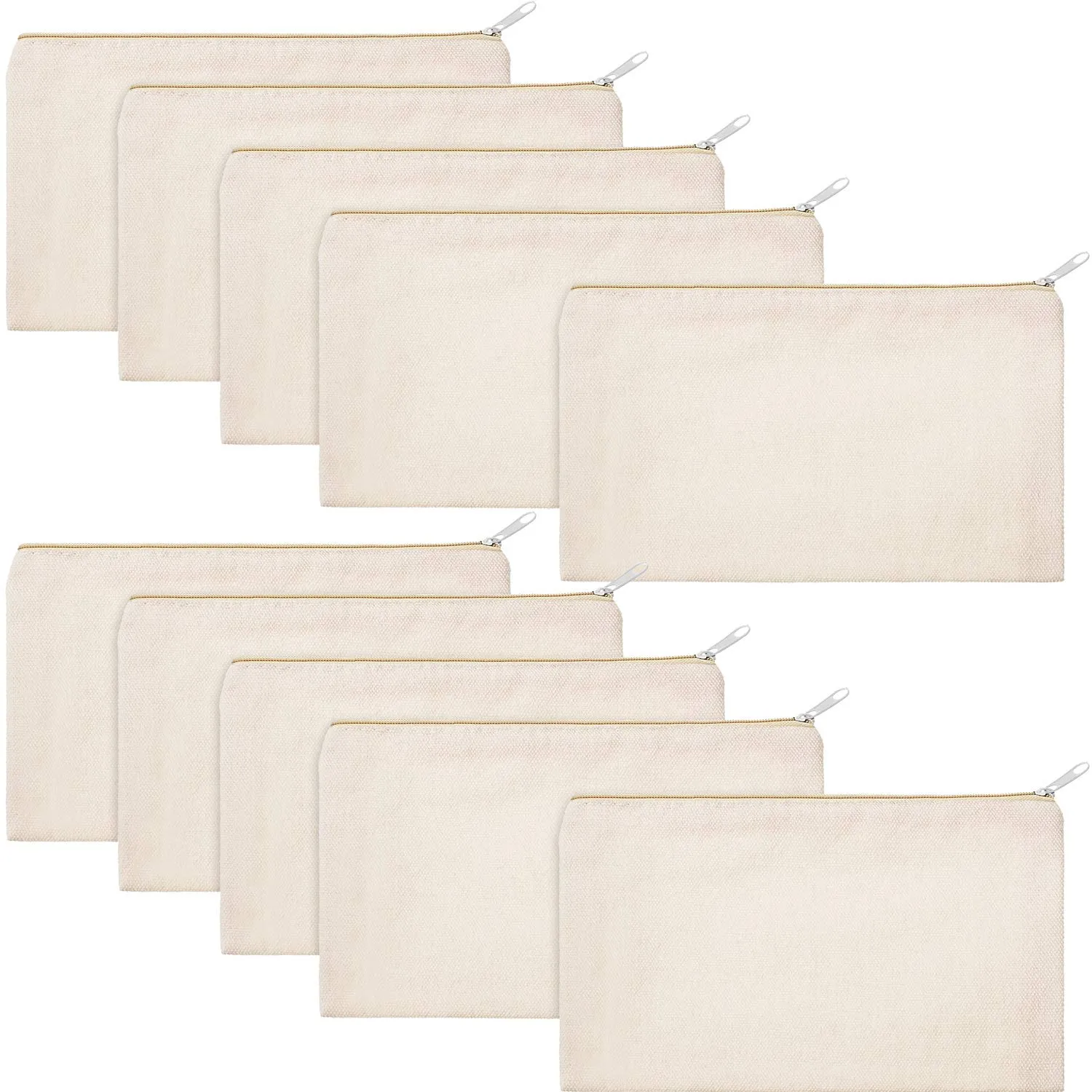 10 Pieces Cosmetic Canvas Pouch Bag Multipurpose Makeup Bag with Zipper Cotton Canvas Travel Toiletry Pouch DIY Craft(S,Beige)