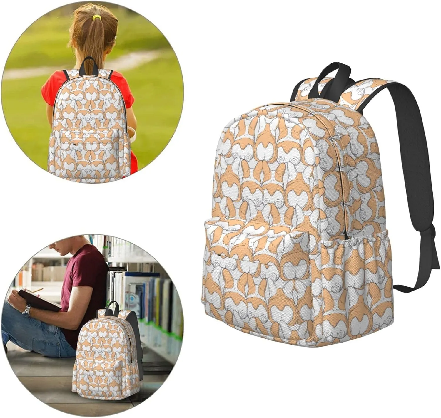17 inch Backpack Corgi Bun Seamless Back Dogs Laptop Backpack School Bookbag Shoulder Bag Casual Daypack
