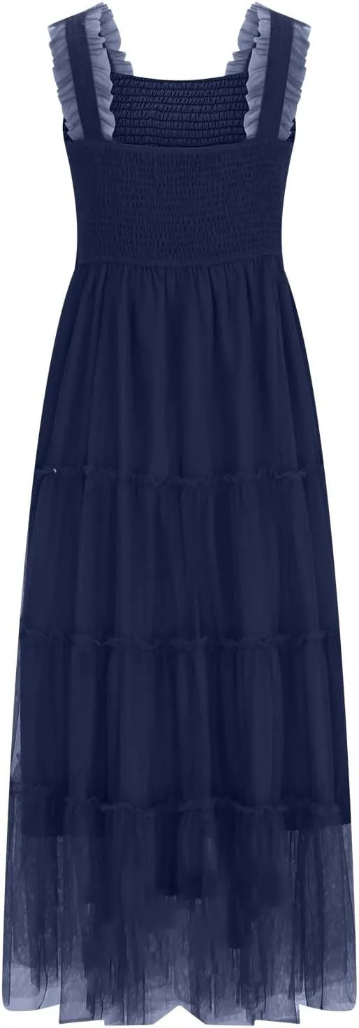 2025 Women Summer Midi Tulle Dress Sleeveless Smocked Square Neck Ruffle Flowy Boho Beach Dress Party Guest Sundress