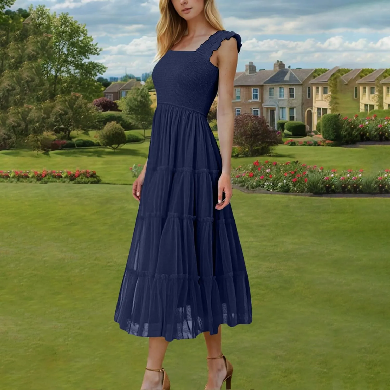 2025 Women Summer Midi Tulle Dress Sleeveless Smocked Square Neck Ruffle Flowy Boho Beach Dress Party Guest Sundress