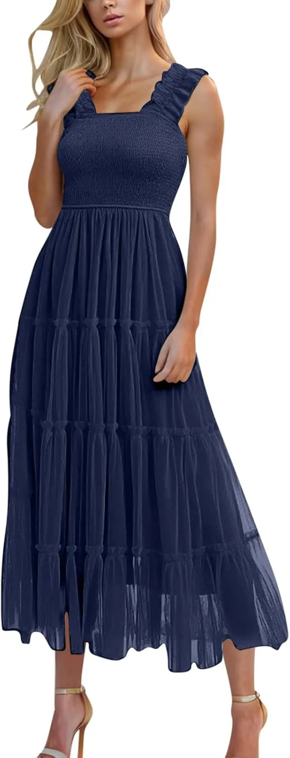 2025 Women Summer Midi Tulle Dress Sleeveless Smocked Square Neck Ruffle Flowy Boho Beach Dress Party Guest Sundress