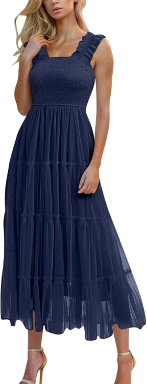2025 Women Summer Midi Tulle Dress Sleeveless Smocked Square Neck Ruffle Flowy Boho Beach Dress Party Guest Sundress