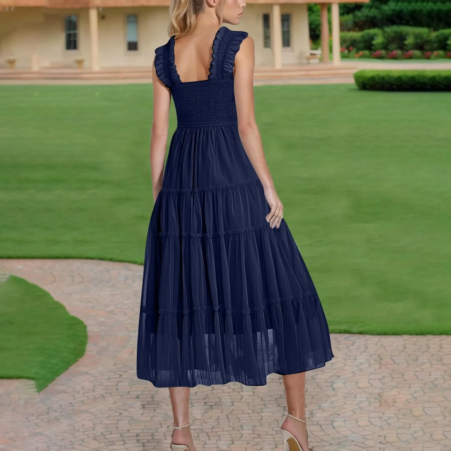 2025 Women Summer Midi Tulle Dress Sleeveless Smocked Square Neck Ruffle Flowy Boho Beach Dress Party Guest Sundress
