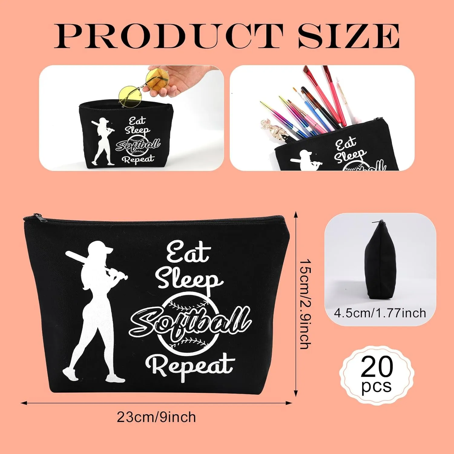 20pcs Sports Makeup Bag, Cosmetic Bag Sports Gift Portable Canvas Zipper Bag Travel Makeup Storage Box for Women Girls Team Party Gift (Softball)