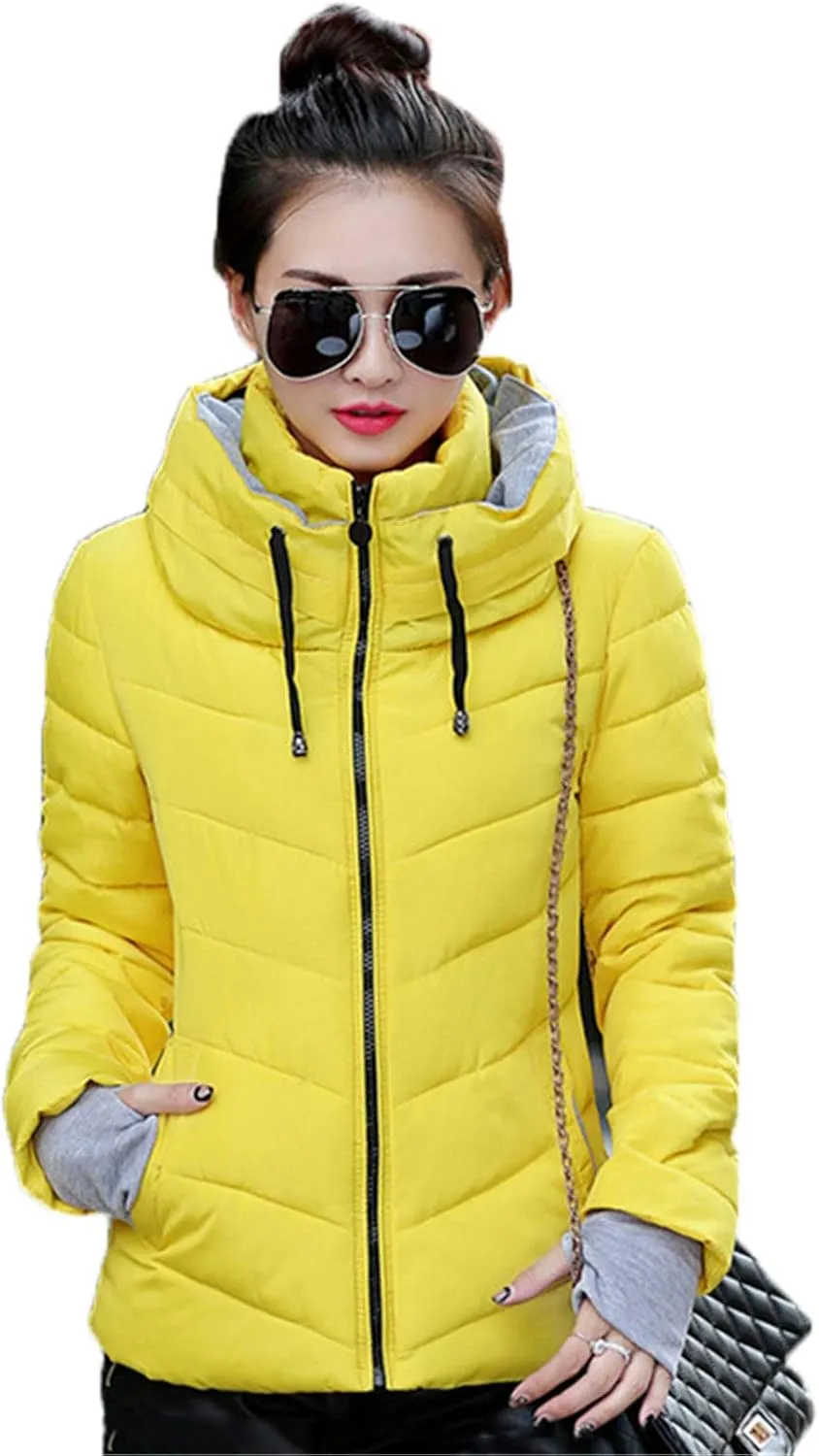Andongnywell Women's Winter Parka Jacket Warm Stand Collar Cotton Quilted Down Coat Short Jacket Lightweight Coats (Yellow 1,3X-Large)