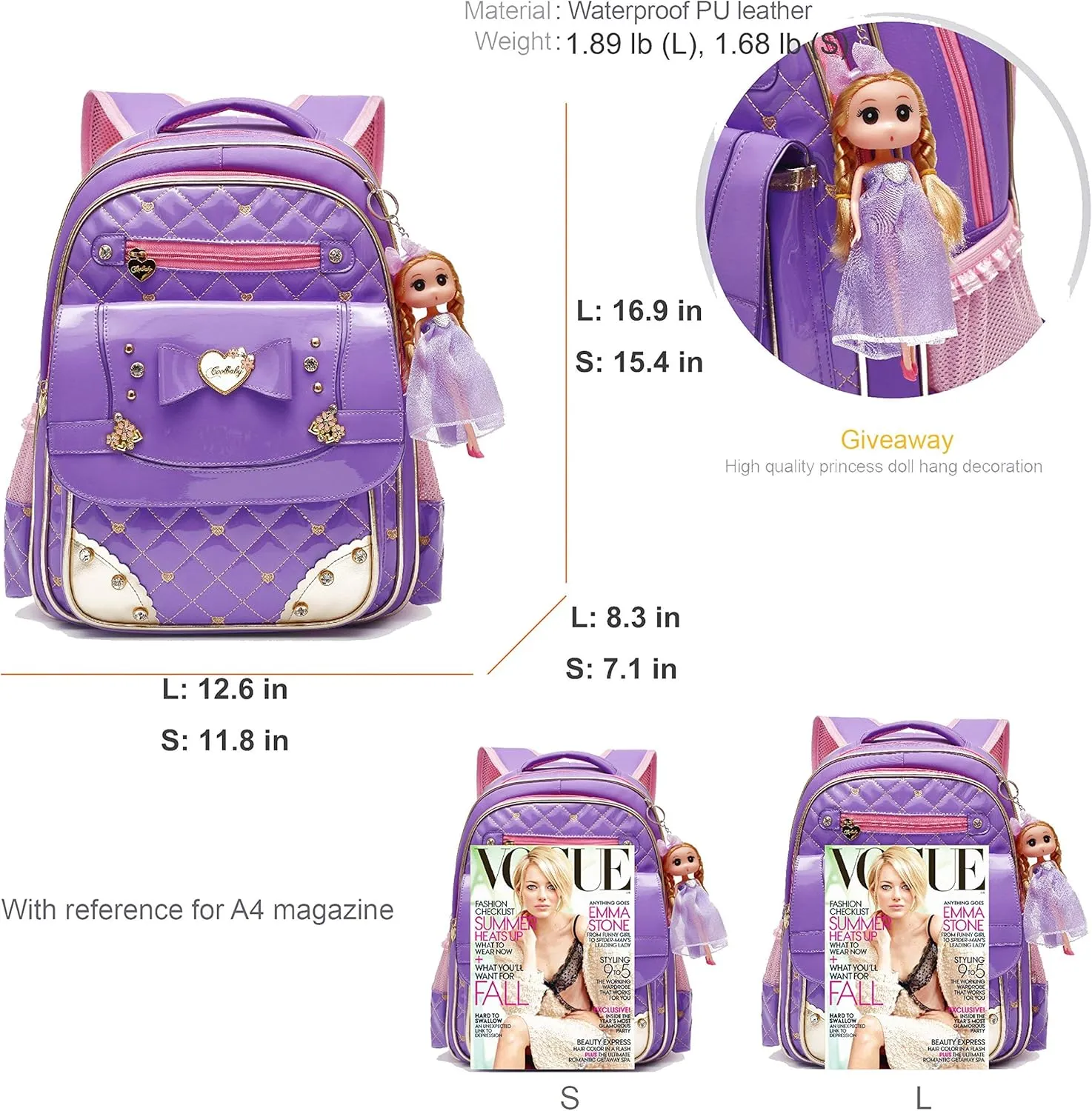 AO ALI VICTORY Backpack for Girls, Waterproof Kids Backpacks School Bag Toddler Bookbags Cute Travel Daypack (Large, A-Purple)