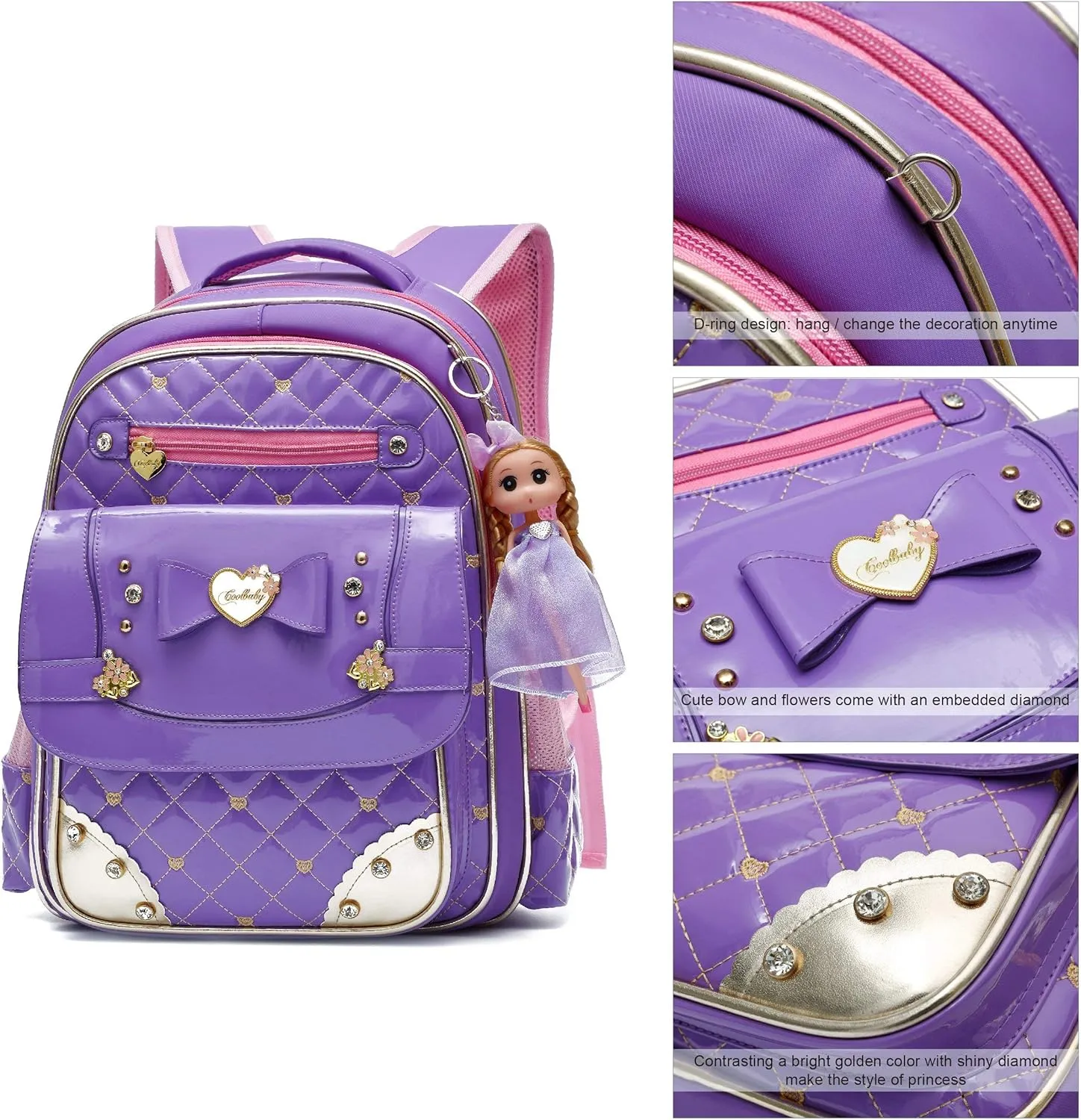 AO ALI VICTORY Backpack for Girls, Waterproof Kids Backpacks School Bag Toddler Bookbags Cute Travel Daypack (Large, A-Purple)