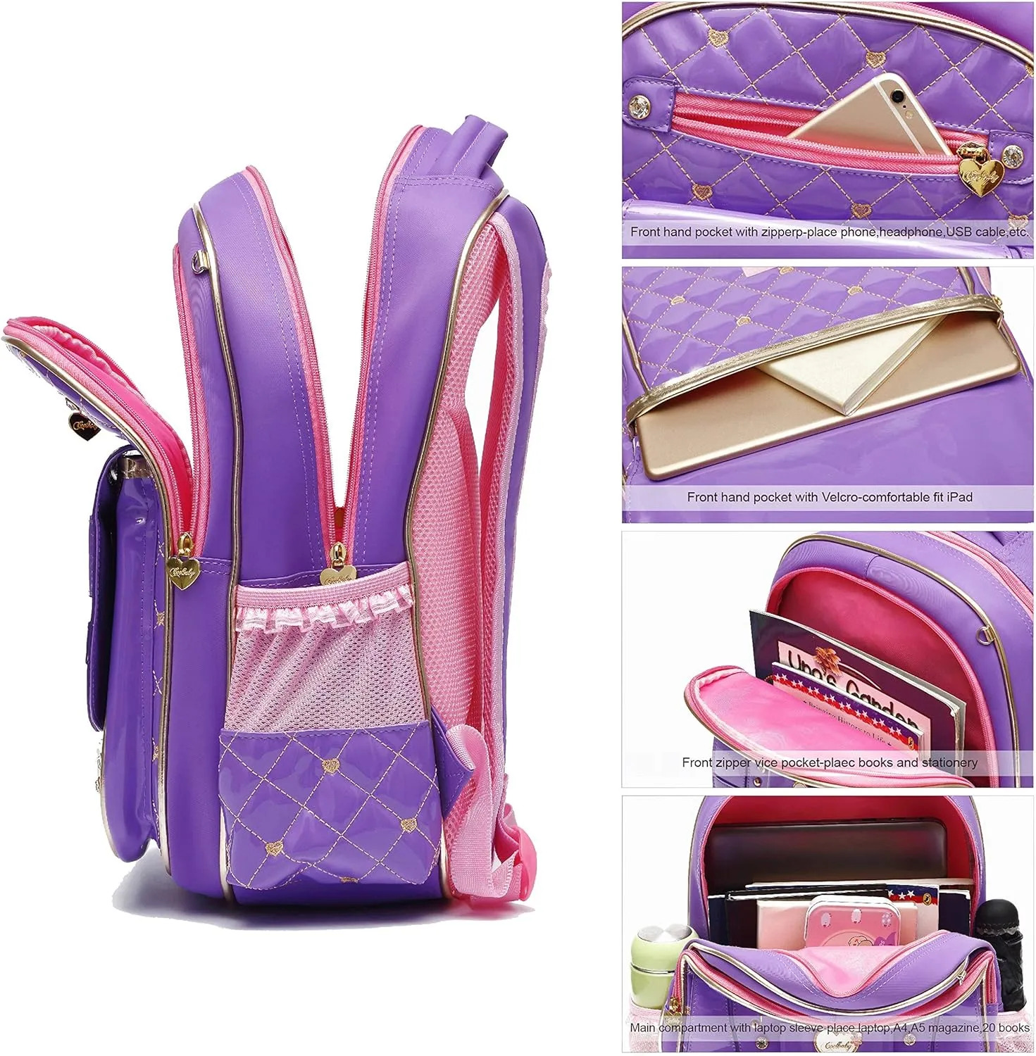 AO ALI VICTORY Backpack for Girls, Waterproof Kids Backpacks School Bag Toddler Bookbags Cute Travel Daypack (Large, A-Purple)