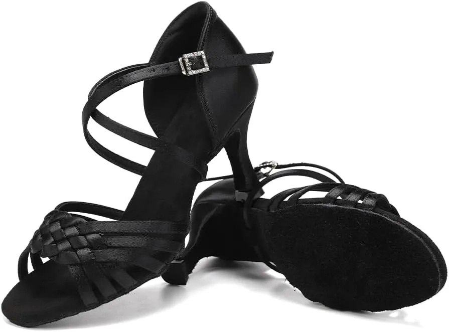 AOQUNFS Women Latin Dance Shoes Satin Ballroom Salsa Practice Performance Dance Shoes,LB-7.5cm
