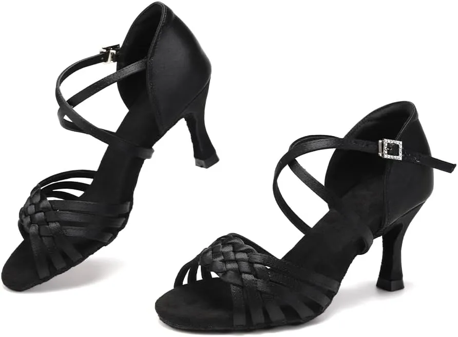 AOQUNFS Women Latin Dance Shoes Satin Ballroom Salsa Practice Performance Dance Shoes,LB-7.5cm