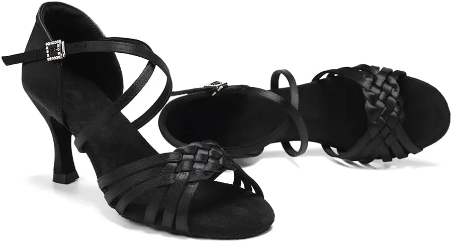 AOQUNFS Women Latin Dance Shoes Satin Ballroom Salsa Practice Performance Dance Shoes,LB-7.5cm