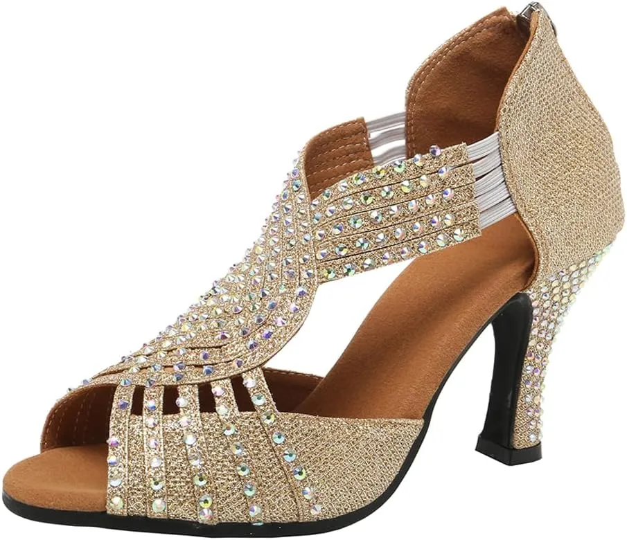 AOQUNFS Women's Latin Dance Shoes Rhinestones Ballroom Salsa Practice Performance Dancing Shoes,Model 086
