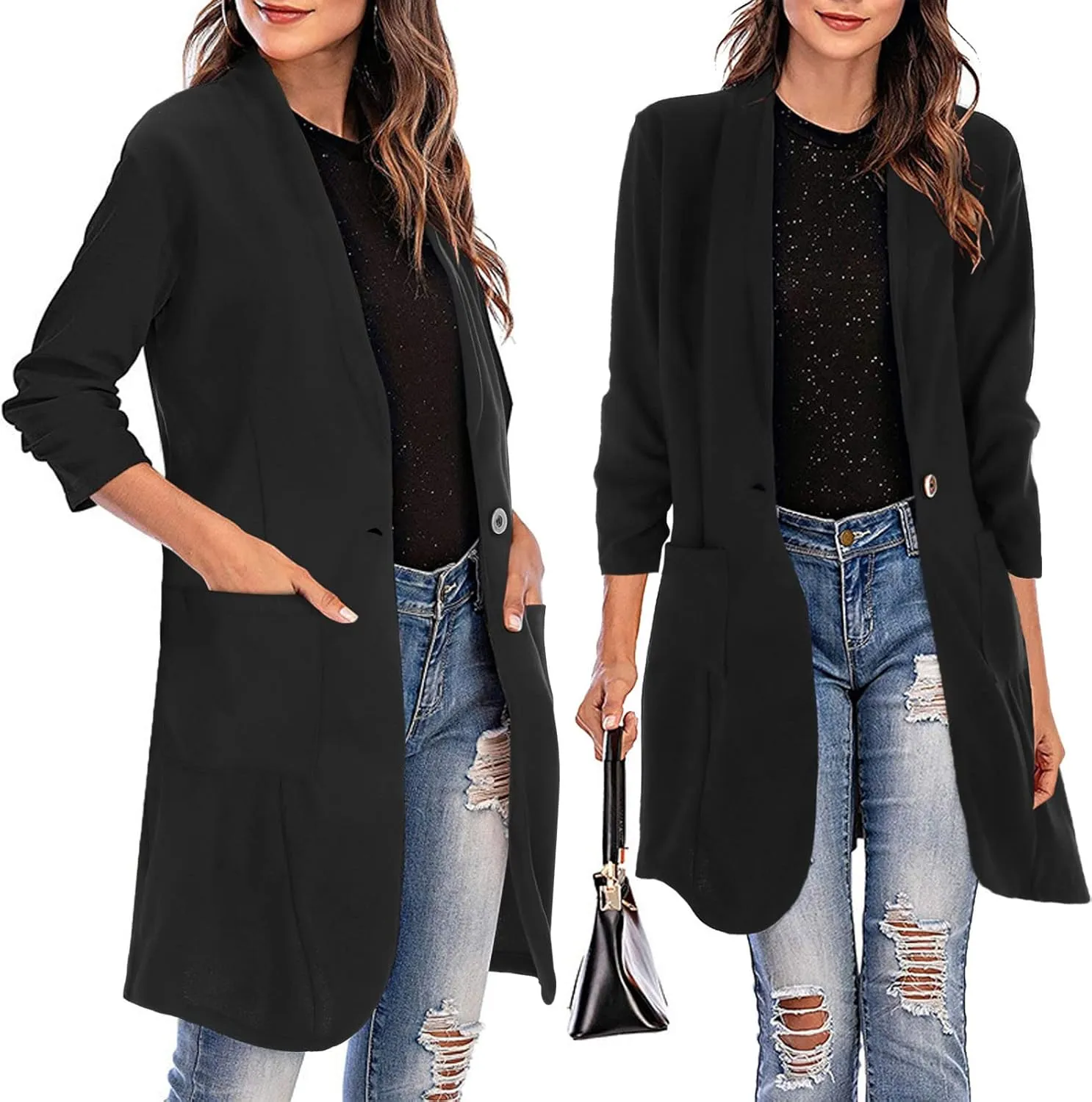 Blazer Women Notch Lapel Long Overcoat Cardigan Lapel Womens Coat Slim Jacket Long Trench With Pocket Women's Wool