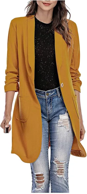 Blazer Women Notch Lapel Long Overcoat Cardigan Lapel Womens Coat Slim Jacket Long Trench With Pocket Women's Wool