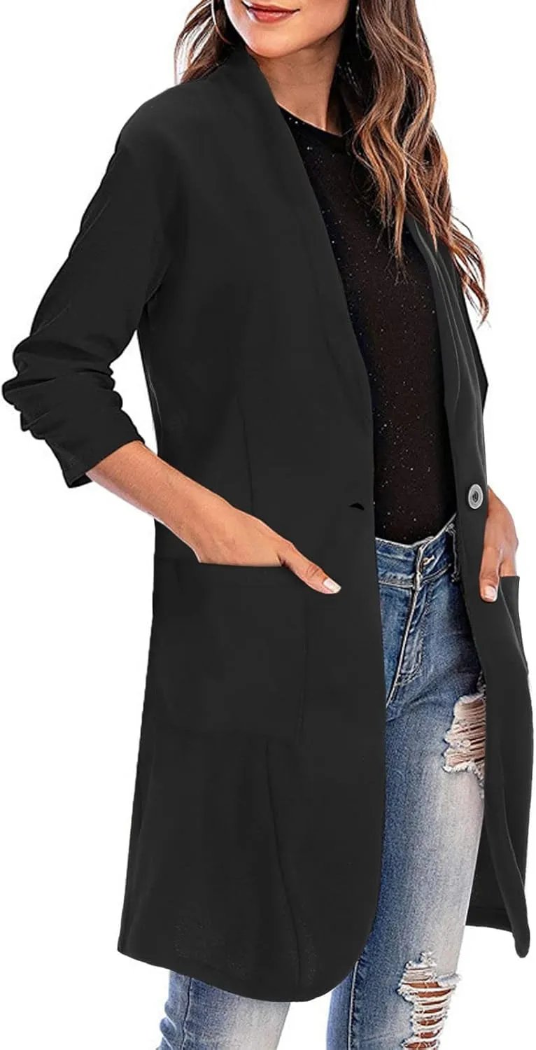 Blazer Women Notch Lapel Long Overcoat Cardigan Lapel Womens Coat Slim Jacket Long Trench With Pocket Women's Wool