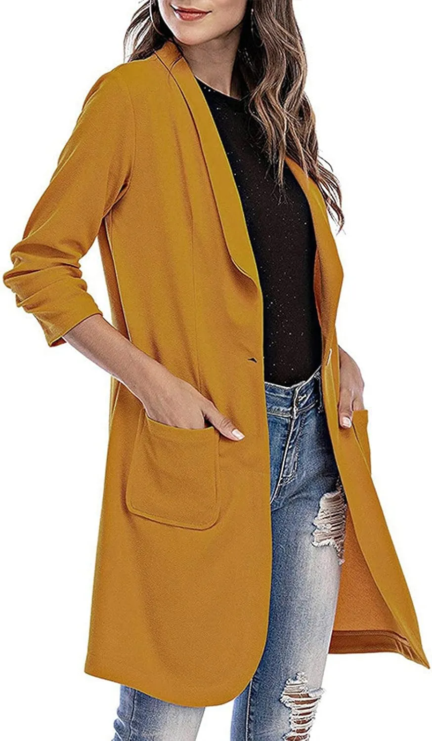 Blazer Women Notch Lapel Long Overcoat Cardigan Lapel Womens Coat Slim Jacket Long Trench With Pocket Women's Wool