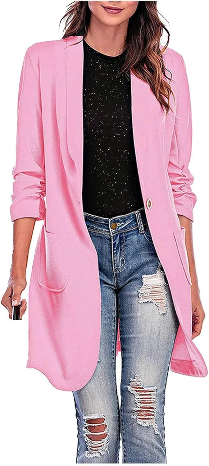 Blazer Women Notch Lapel Long Overcoat Cardigan Lapel Womens Coat Slim Jacket Long Trench With Pocket Women's Wool