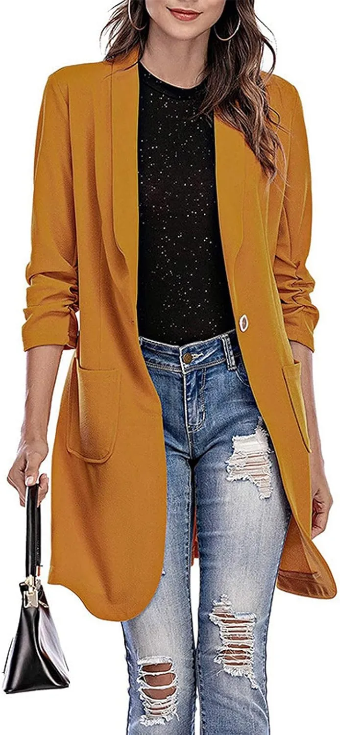 Blazer Women Notch Lapel Long Overcoat Cardigan Lapel Womens Coat Slim Jacket Long Trench With Pocket Women's Wool