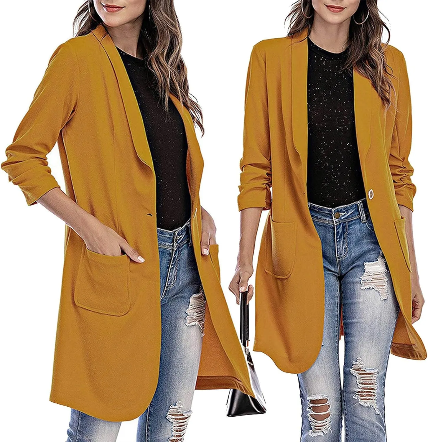 Blazer Women Notch Lapel Long Overcoat Cardigan Lapel Womens Coat Slim Jacket Long Trench With Pocket Women's Wool