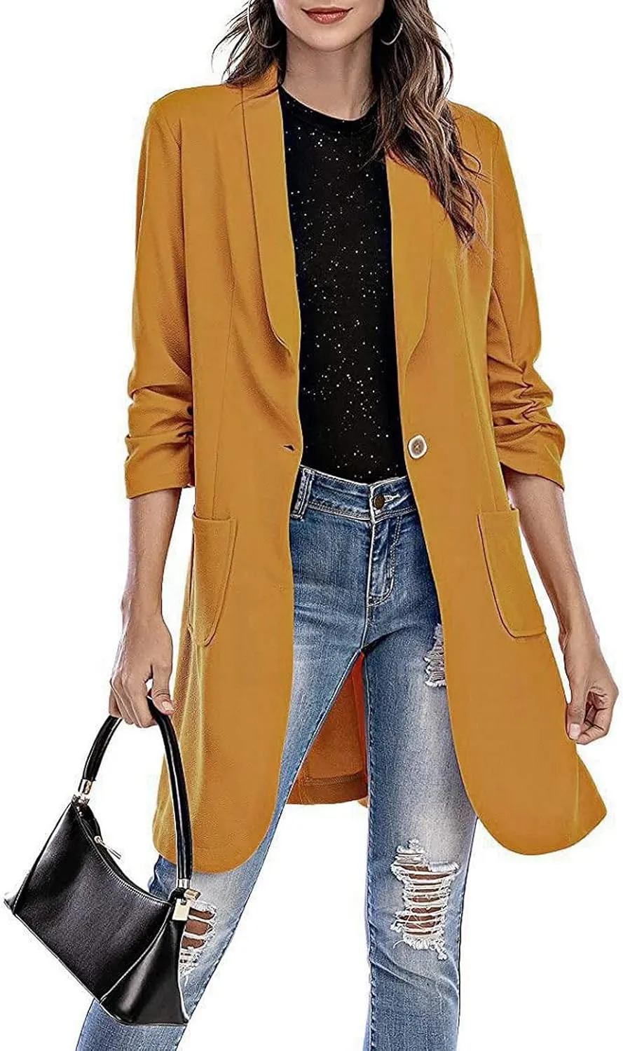 Blazer Women Notch Lapel Long Overcoat Cardigan Lapel Womens Coat Slim Jacket Long Trench With Pocket Women's Wool