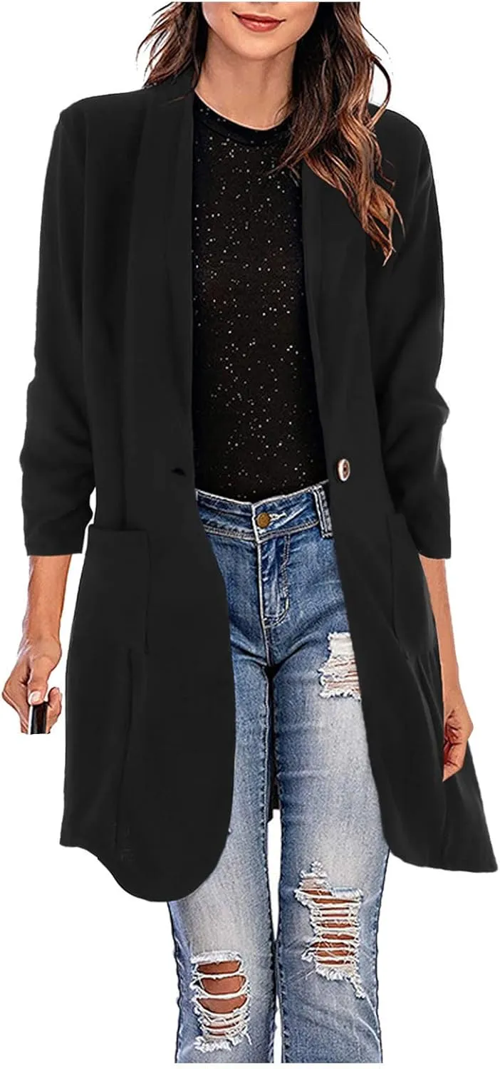 Blazer Women Notch Lapel Long Overcoat Cardigan Lapel Womens Coat Slim Jacket Long Trench With Pocket Women's Wool