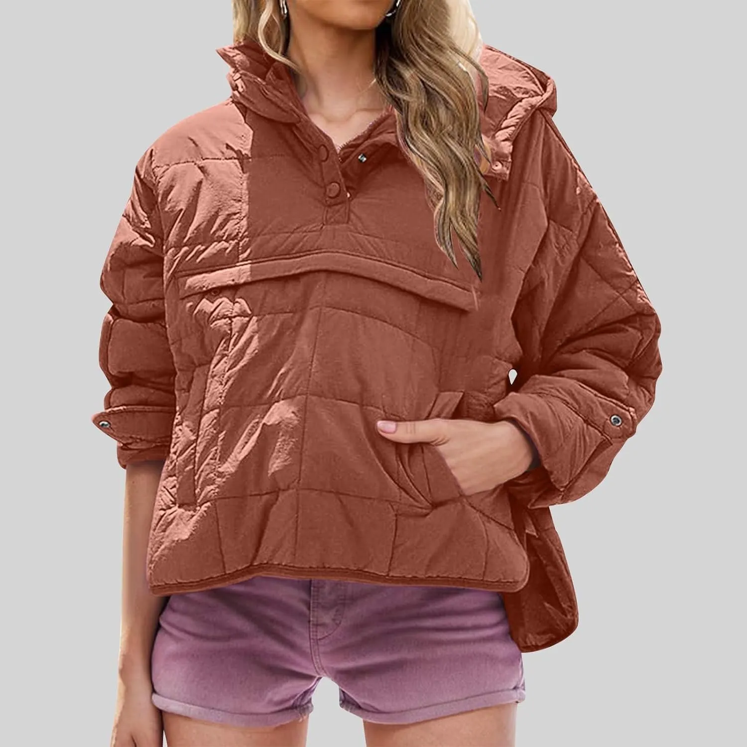 Borniu Women's Quilted Pullover Puffer Jacket Packable Hooded Oversize Winter Coat Tops Lightweight Down Jacket Outerwear