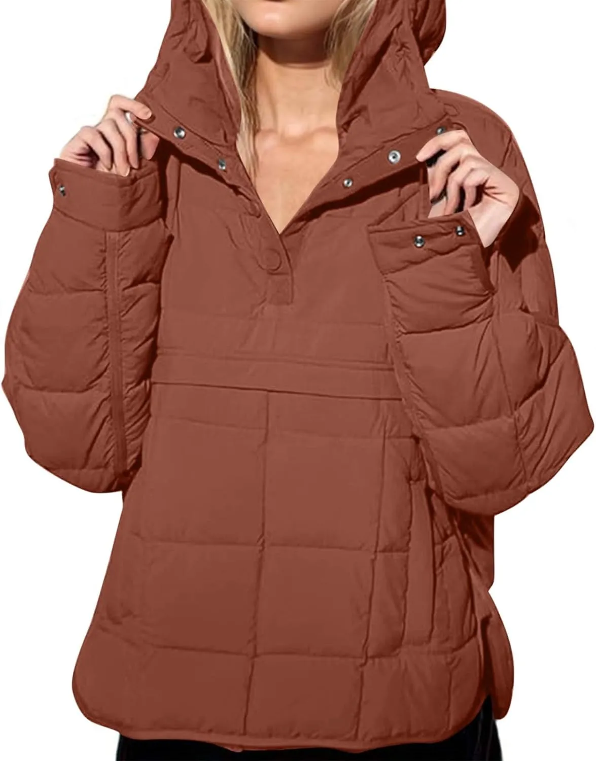 Borniu Women's Quilted Pullover Puffer Jacket Packable Hooded Oversize Winter Coat Tops Lightweight Down Jacket Outerwear