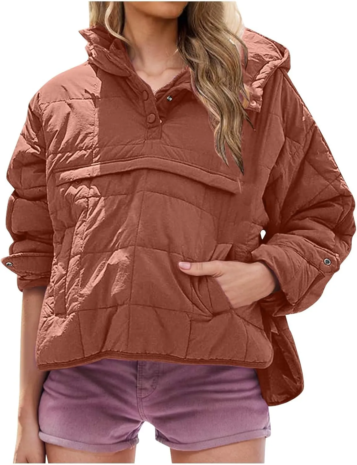 Borniu Women's Quilted Pullover Puffer Jacket Packable Hooded Oversize Winter Coat Tops Lightweight Down Jacket Outerwear