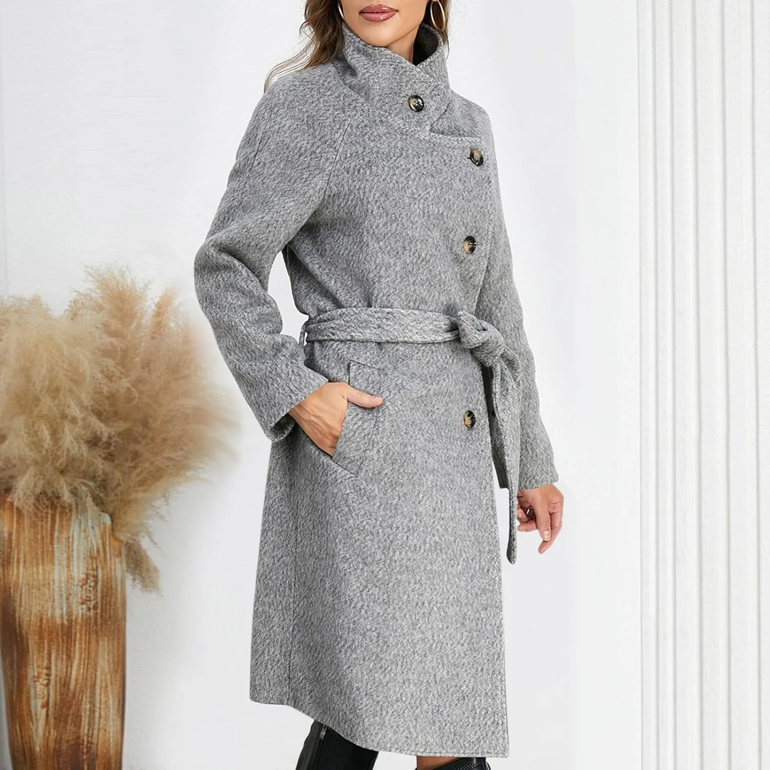 Borniu Women's Single Breasted Pea Coat Wool Blend Winter Mid-Long Trench Coat with Belt Casual Warm Overcoat