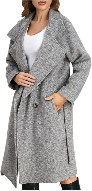 Borniu Women's Single Breasted Pea Coat Wool Blend Winter Mid-Long Trench Coat with Belt Casual Warm Overcoat