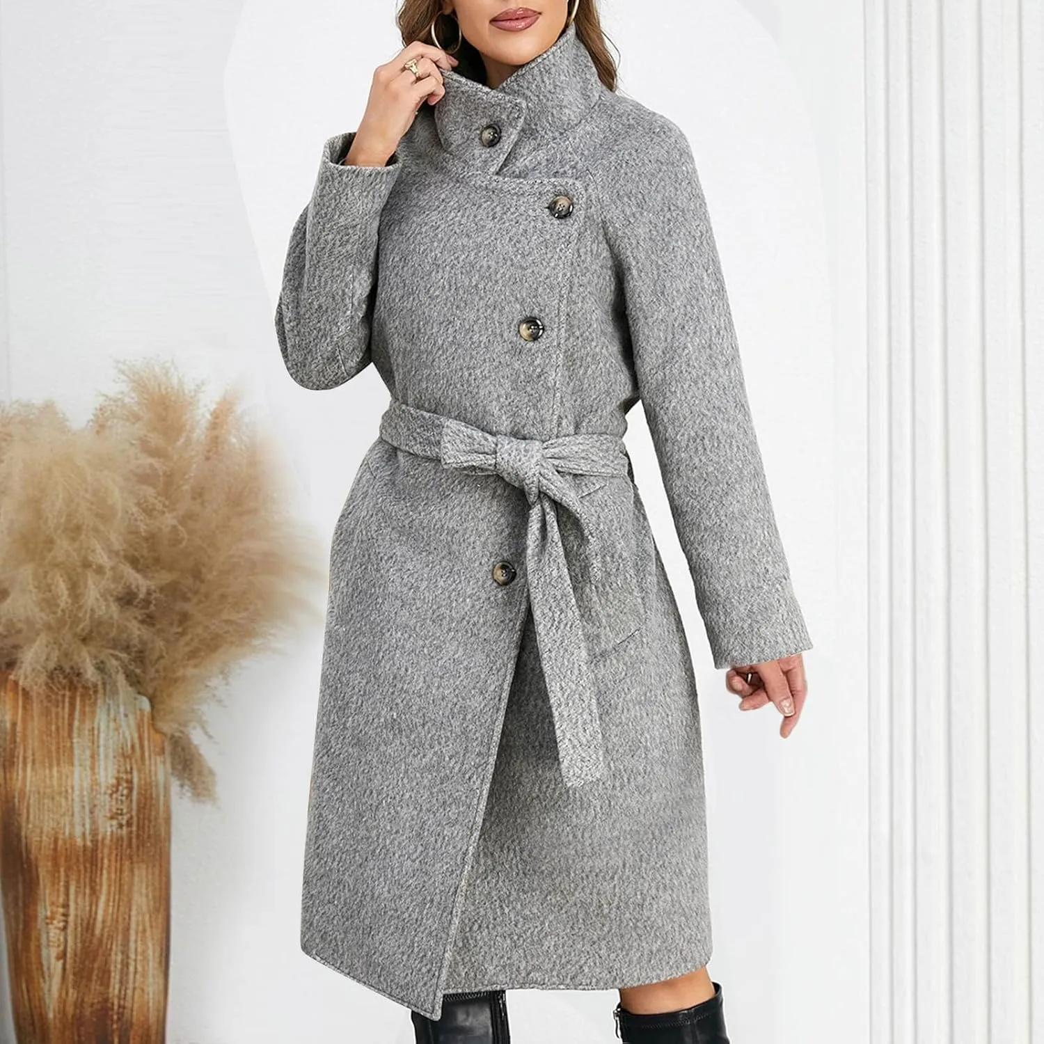 Borniu Women's Single Breasted Pea Coat Wool Blend Winter Mid-Long Trench Coat with Belt Casual Warm Overcoat