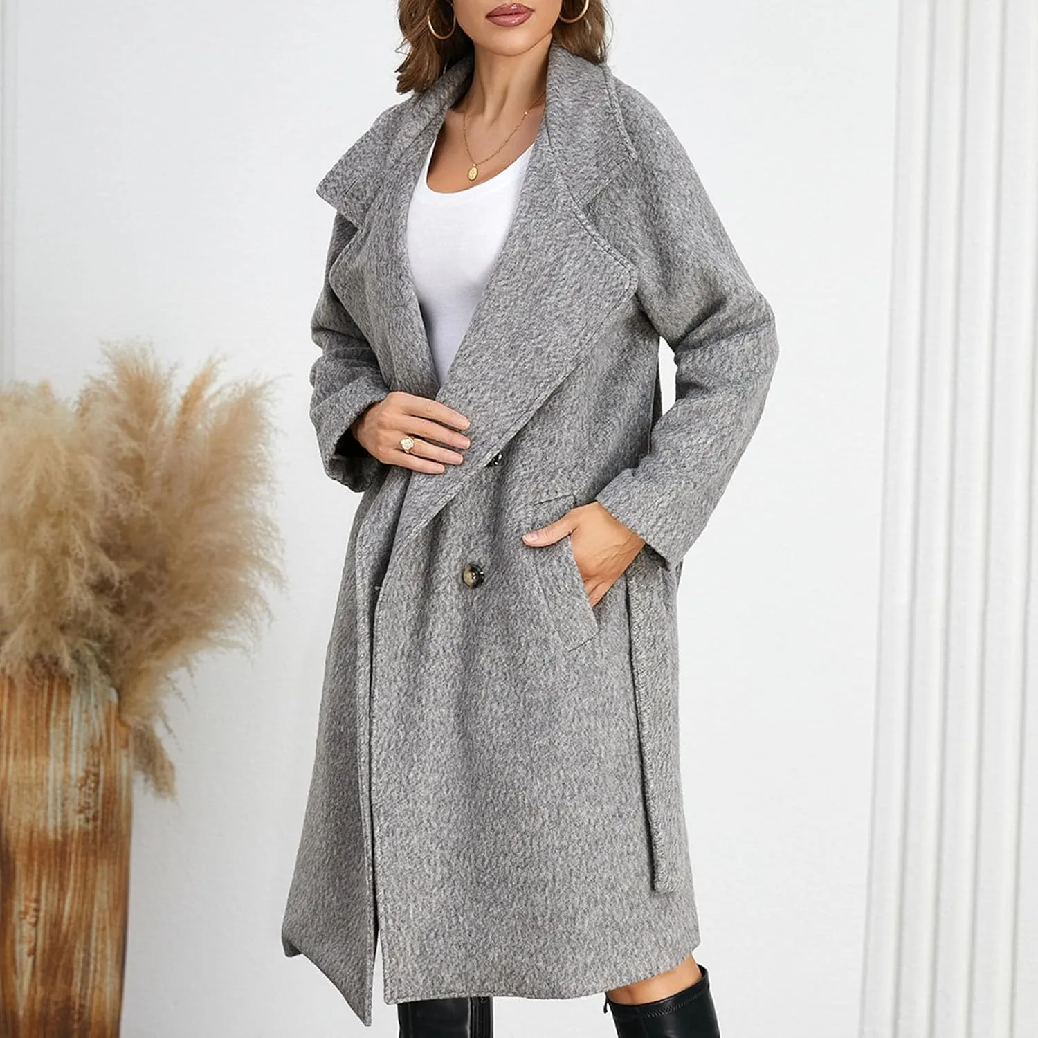 Borniu Women's Single Breasted Pea Coat Wool Blend Winter Mid-Long Trench Coat with Belt Casual Warm Overcoat
