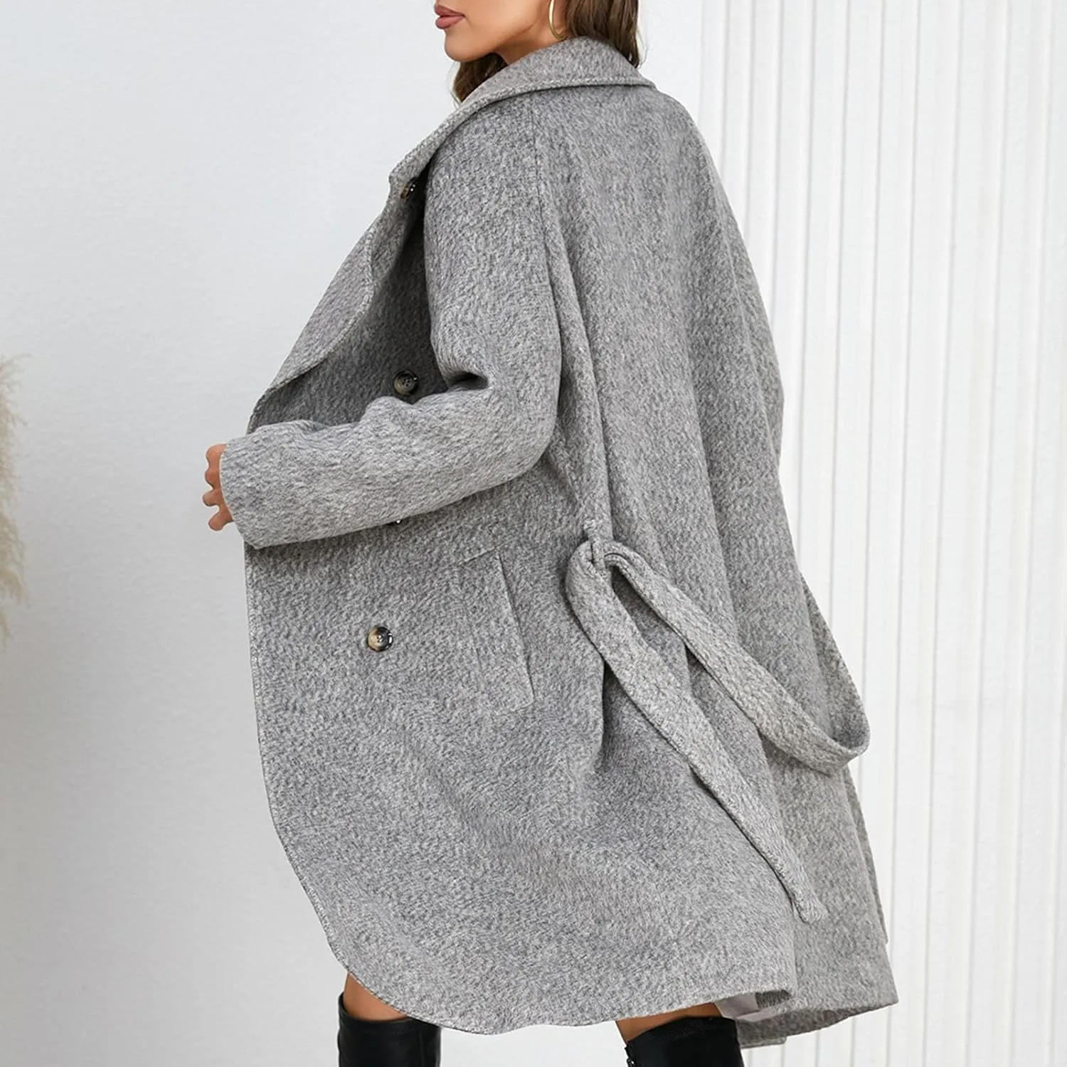 Borniu Women's Single Breasted Pea Coat Wool Blend Winter Mid-Long Trench Coat with Belt Casual Warm Overcoat