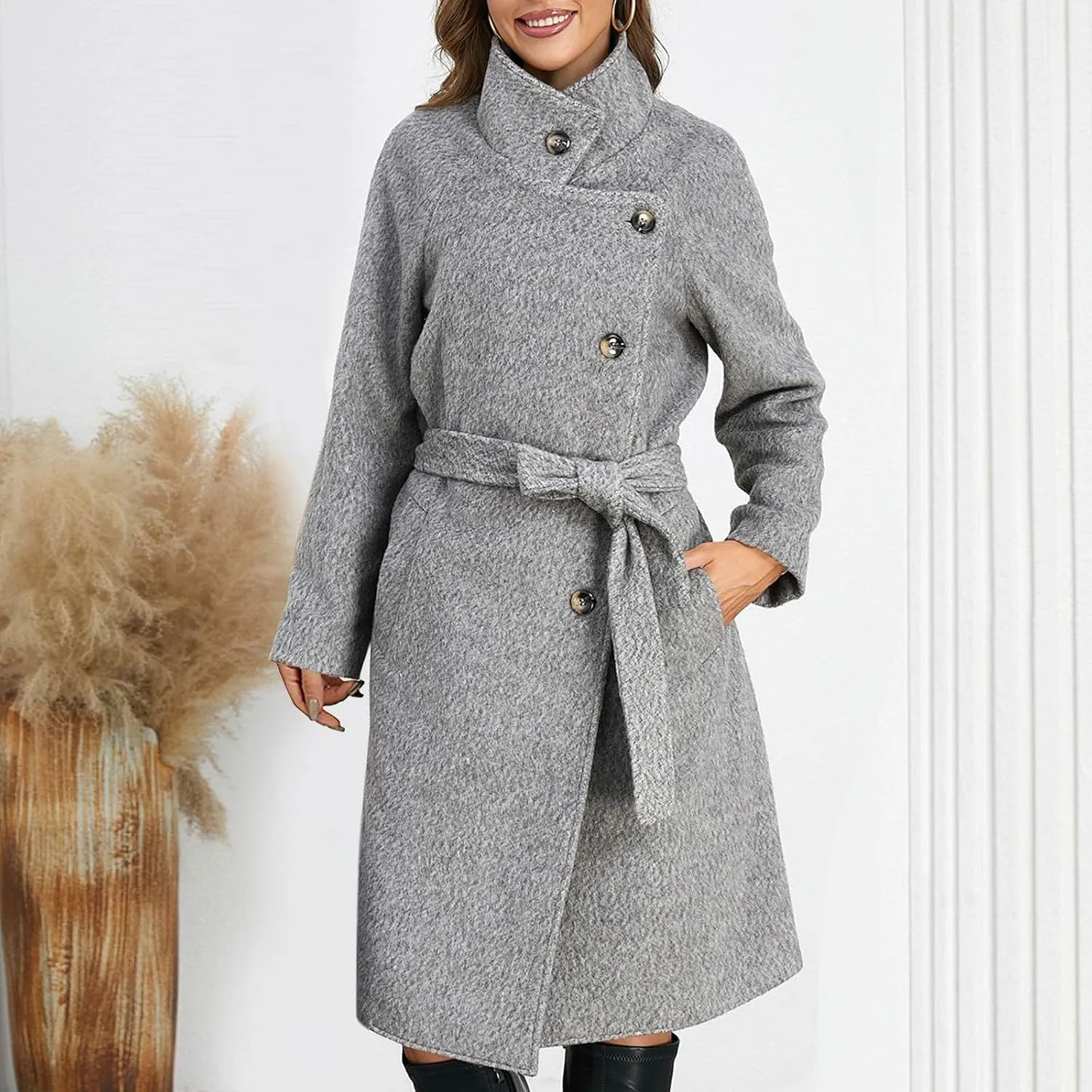 Borniu Women's Single Breasted Pea Coat Wool Blend Winter Mid-Long Trench Coat with Belt Casual Warm Overcoat