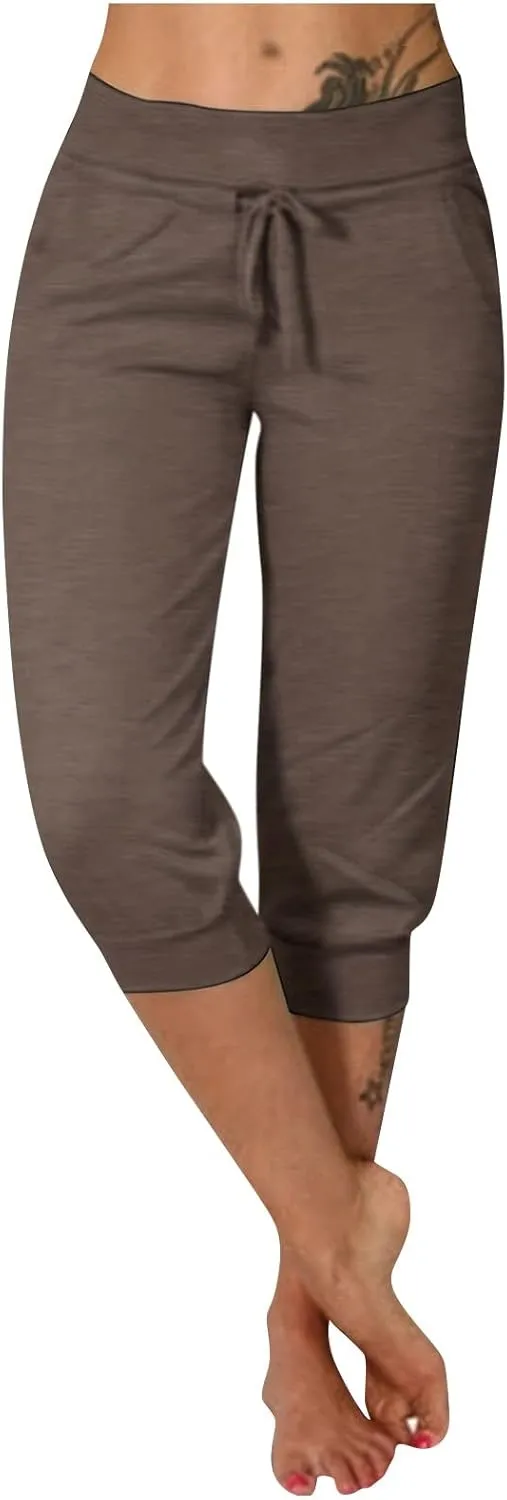 Capri Joggers Womens Yoga Pants Drawstring High Waisted Workout Lightweight Pants Comfy Loose Lounge Active Pants