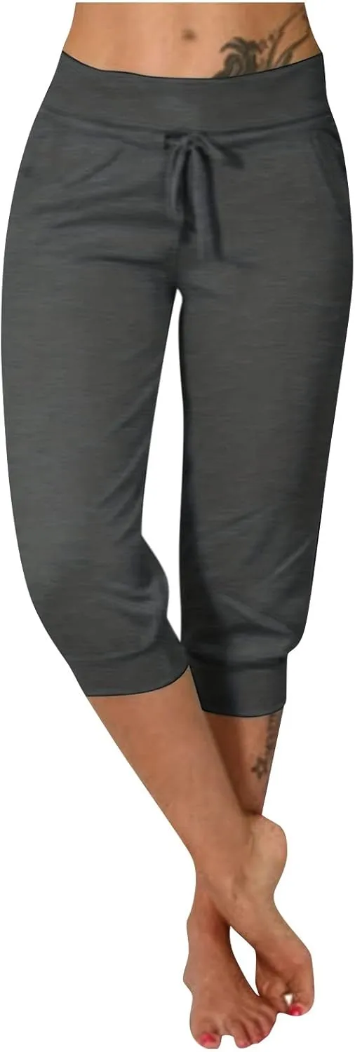 Capri Joggers Womens Yoga Pants Drawstring High Waisted Workout Lightweight Pants Comfy Loose Lounge Active Pants