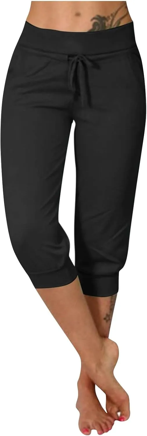 Capri Joggers Womens Yoga Pants Drawstring High Waisted Workout Lightweight Pants Comfy Loose Lounge Active Pants