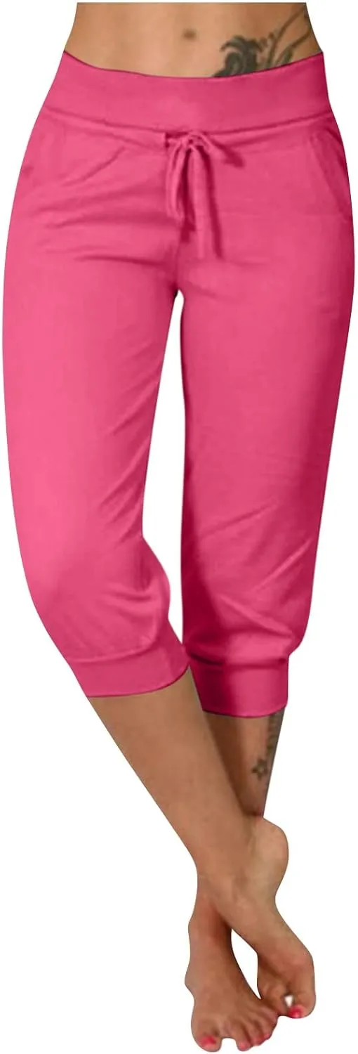 Capri Joggers Womens Yoga Pants Drawstring High Waisted Workout Lightweight Pants Comfy Loose Lounge Active Pants
