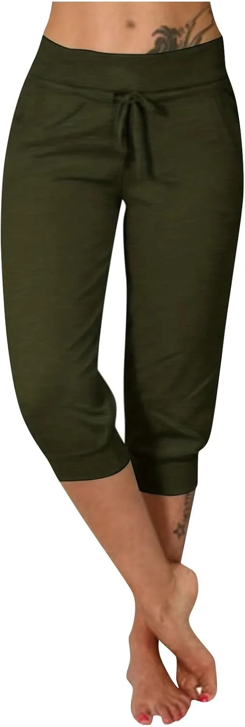 Capri Joggers Womens Yoga Pants Drawstring High Waisted Workout Lightweight Pants Comfy Loose Lounge Active Pants