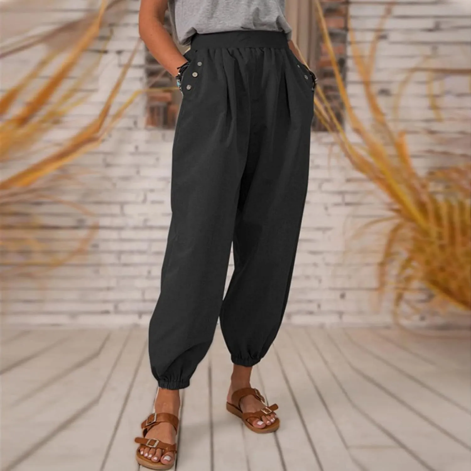 Capri Linen Pants Women Relaxed Wide Leg Pants Casual Crop Baggy Harem Pants Summer Beach Pants Boho Yoga Pants Joggers