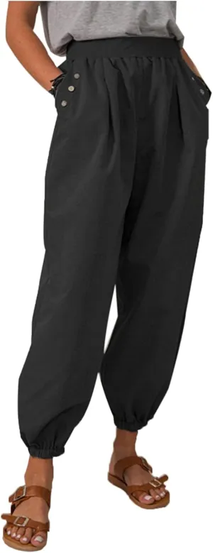 Capri Linen Pants Women Relaxed Wide Leg Pants Casual Crop Baggy Harem Pants Summer Beach Pants Boho Yoga Pants Joggers
