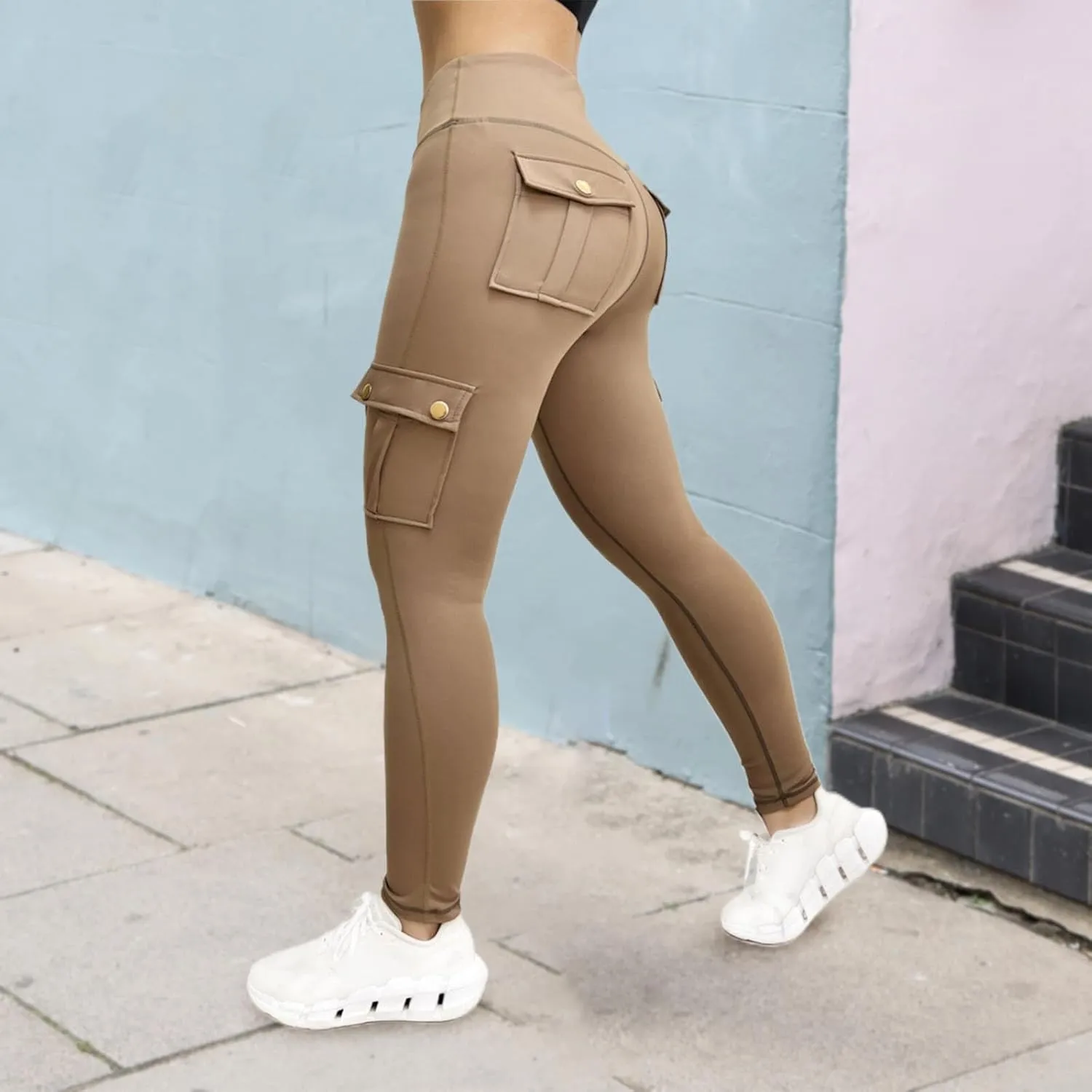 Cargo Leggings for Women High Waisted Butt Lifting Workout Leggings Stretchy Butt Lift Solid Color Pants with Pockets