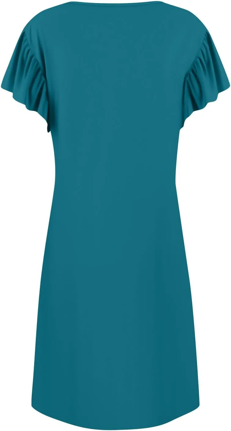 Casual Dresses for Women Ruffle Sleeve V Neck Empire Waist Short Tshirt Dress Flowy Summer Beach Vacation Sun Dresses