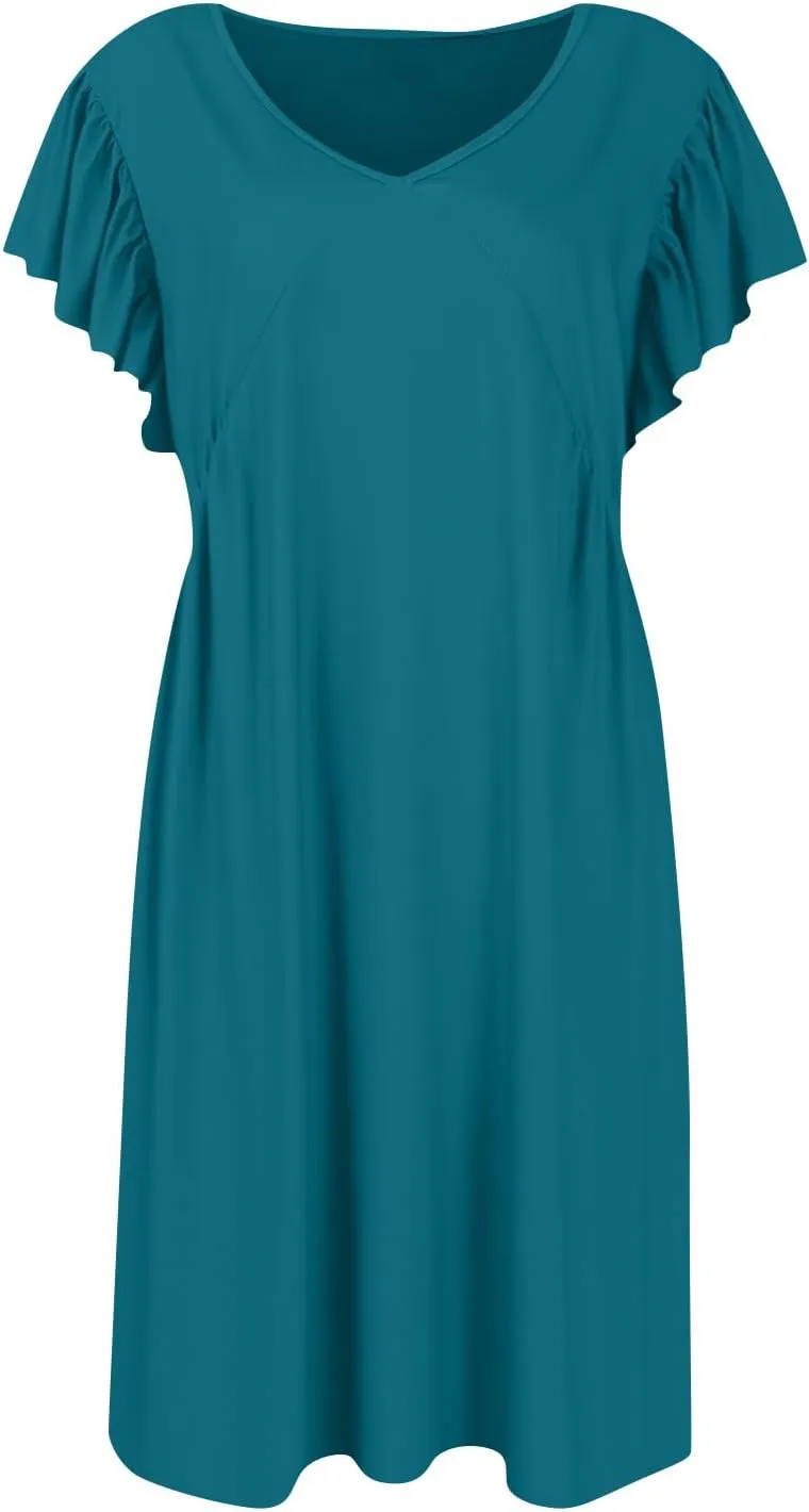 Casual Dresses for Women Ruffle Sleeve V Neck Empire Waist Short Tshirt Dress Flowy Summer Beach Vacation Sun Dresses