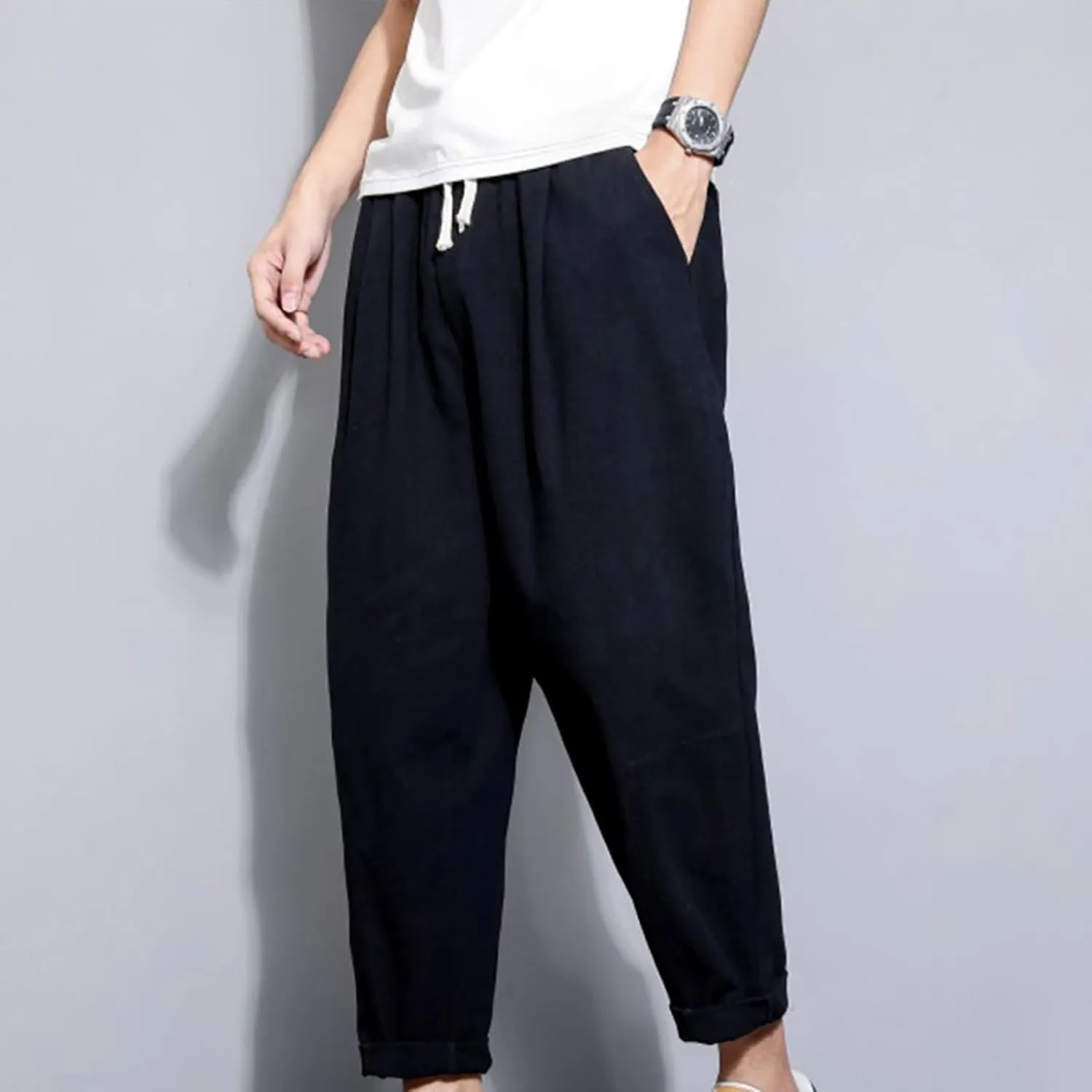 Casual Pants for Mens Linen Pants Drawstring Beach Pants Relaxed-Fit Yoga Pants Soft Elastic Waist Pants